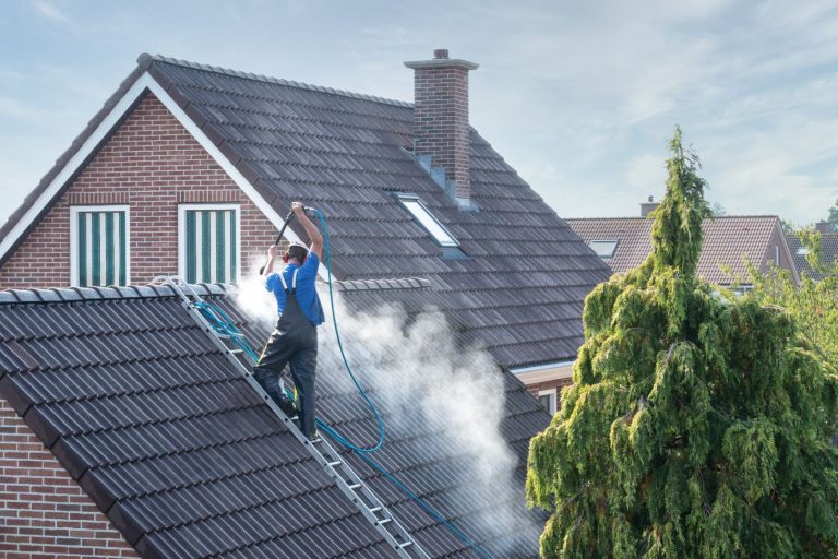 Cleaner,With,Pressure,Washer,At,Roof,Of,House,Cleaning,The
